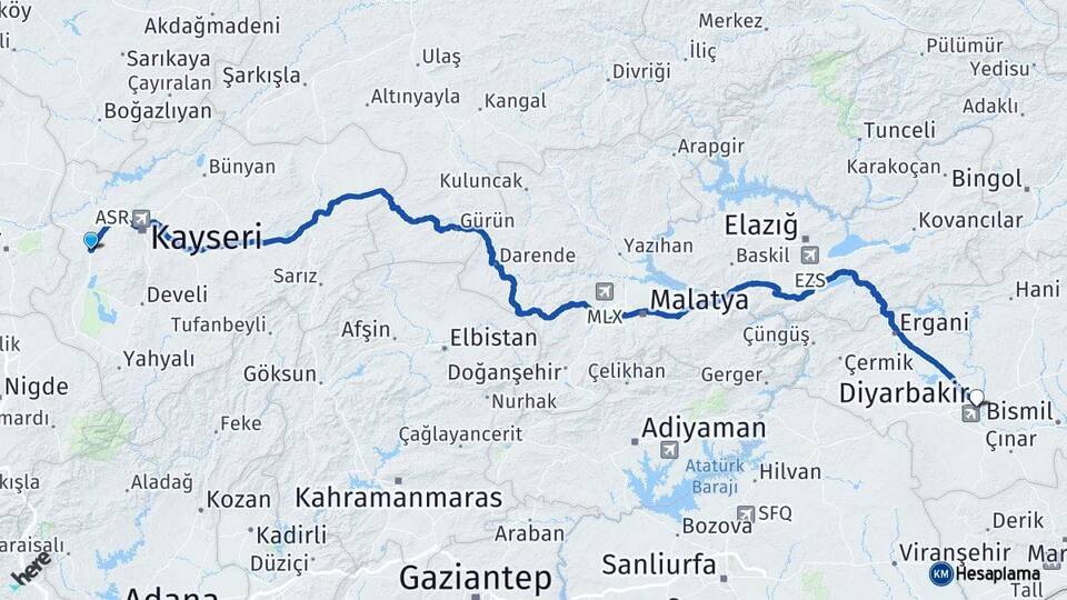 Kayseri İncesu Diyarbakır Arası Kaç Km - Yol Haritası