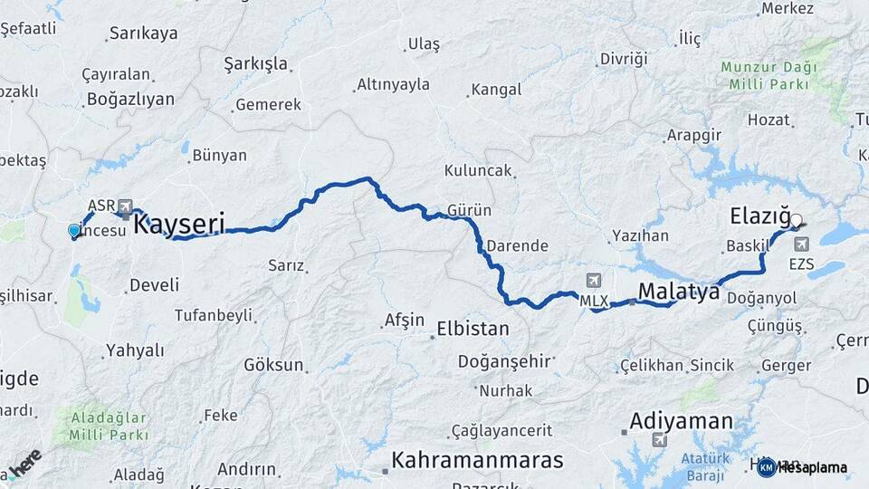 Kayseri İncesu Elazığ Arası Kaç Km - Yol Haritası