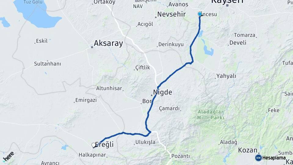 Kayseri İncesu Ereğli Konya Arası Kaç Km - Yol Haritası