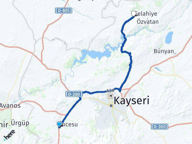Kayseri İncesu Felahiye Arası Kaç Km - Yol Haritası