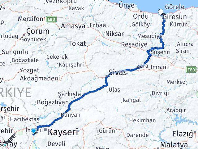 Kayseri İncesu Giresun Arası Kaç Km - Yol Haritası