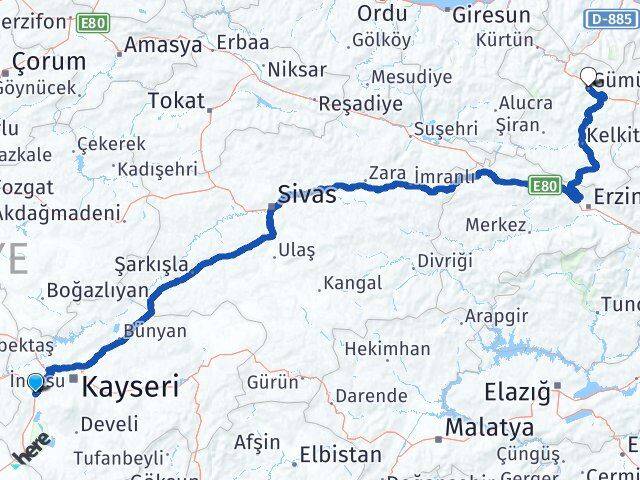 Kayseri İncesu Gümüşhane Arası Kaç Km - Yol Haritası