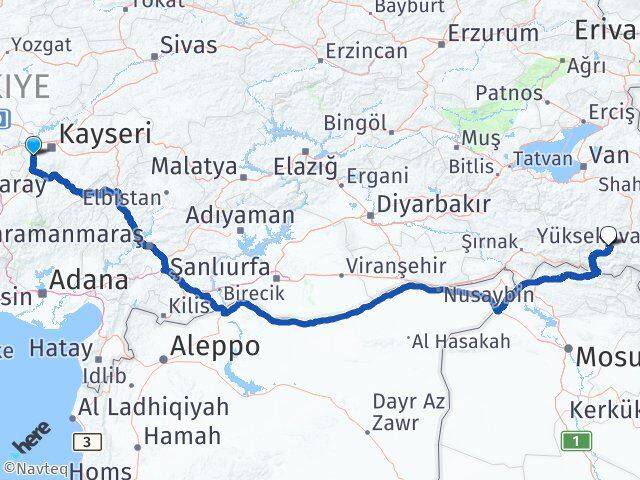 Kayseri İncesu Hakkari Arası Kaç Km - Yol Haritası