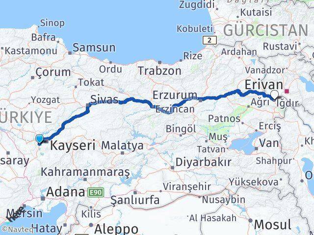 Kayseri İncesu Iğdır Arası Kaç Km - Yol Haritası