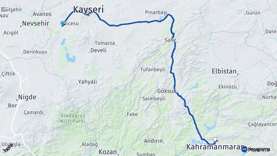 Kayseri İncesu Kahramanmaraş Arası Kaç Km - Yol Haritası