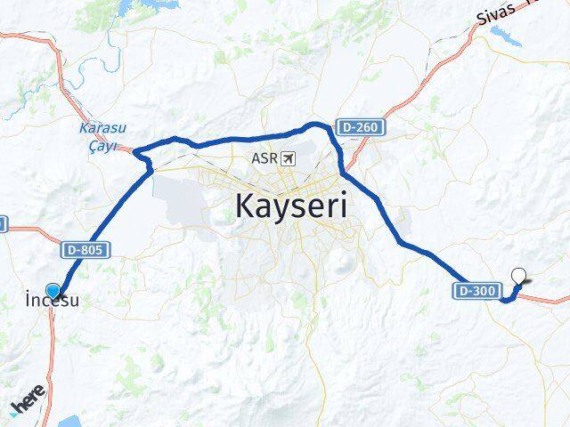 Kayseri İncesu Kamber Talas Arası Kaç Km - Yol Haritası