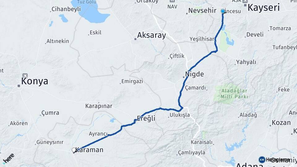 Kayseri İncesu Karaman Arası Kaç Km - Yol Haritası