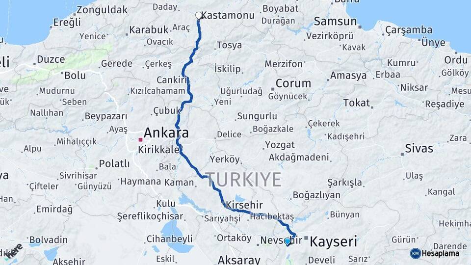 Kayseri İncesu Kastamonu Arası Kaç Km - Yol Haritası