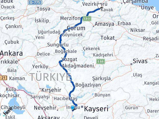 Kayseri İncesu Kavak Samsun Arası Kaç Km - Yol Haritası