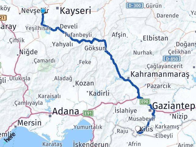 Kayseri İncesu Kilis Arası Kaç Km - Yol Haritası