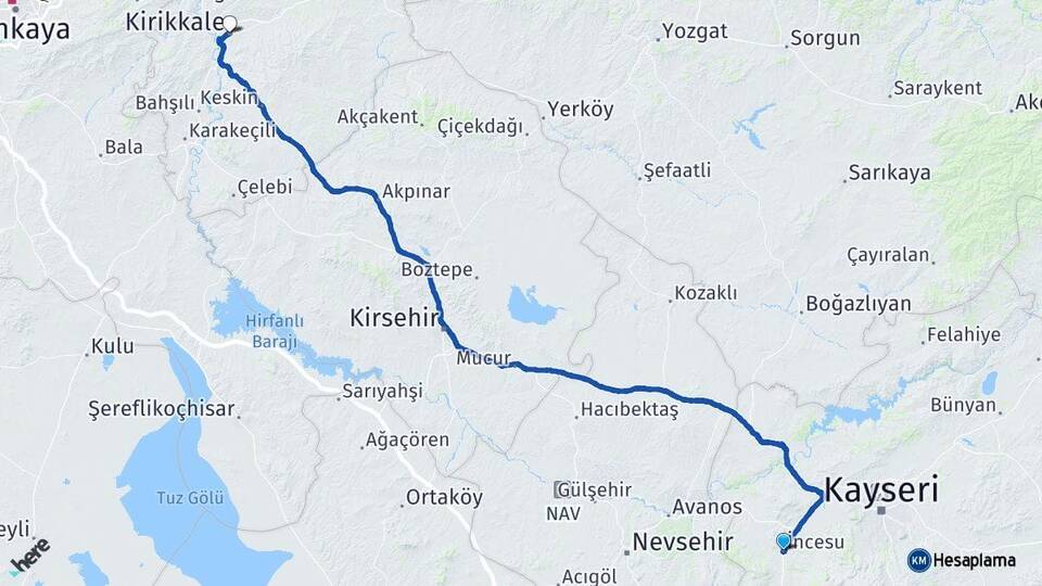 Kayseri İncesu Kırıkkale Arası Kaç Km - Yol Haritası