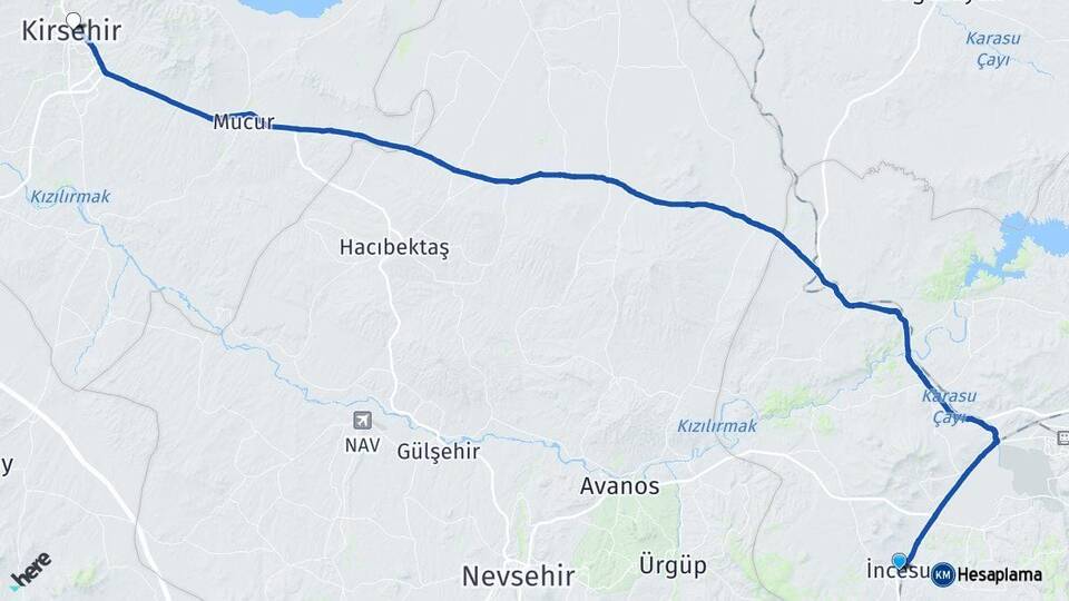 Kayseri İncesu Kırşehir Arası Kaç Km - Yol Haritası