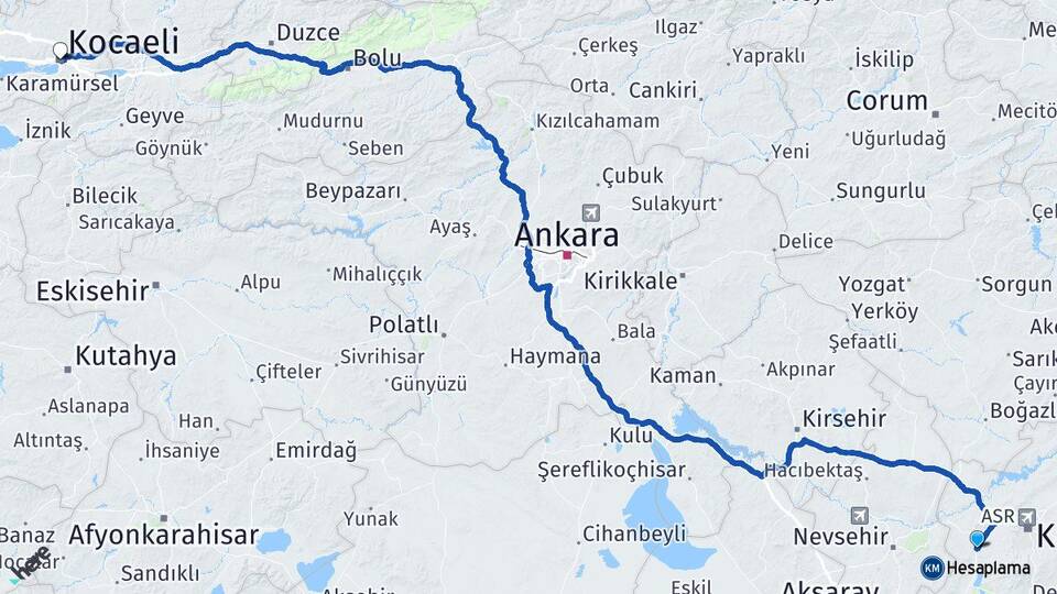 Kayseri İncesu Kocaeli Arası Kaç Km - Yol Haritası