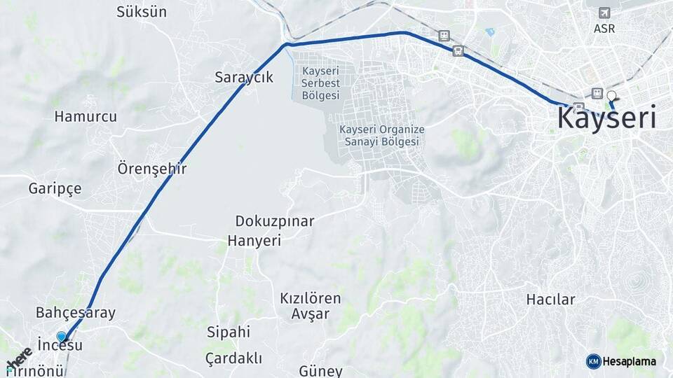Kayseri İncesu Kocasinan Arası Kaç Km - Yol Haritası
