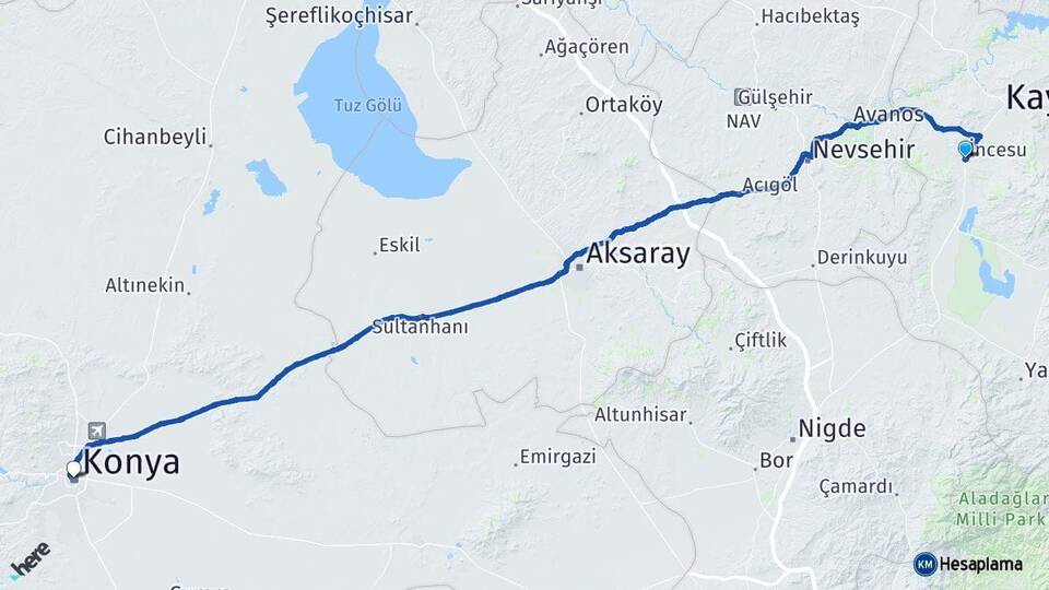 Kayseri İncesu Konya Arası Kaç Km - Yol Haritası