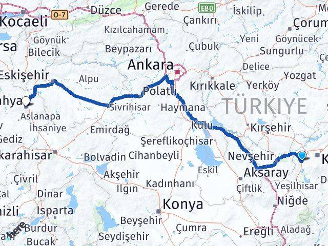 Kayseri İncesu Kütahya Arası Kaç Km - Yol Haritası