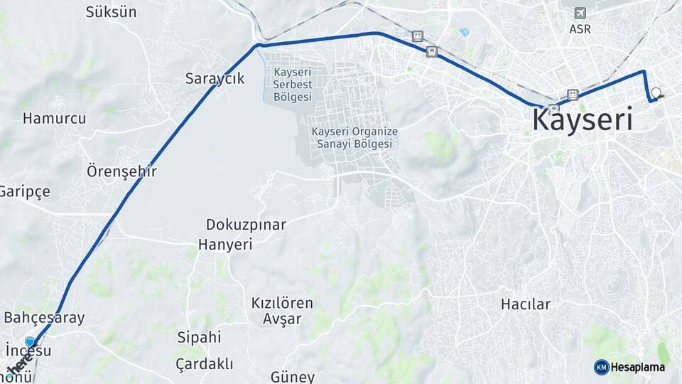 Kayseri İncesu Melikgazi Arası Kaç Km - Yol Haritası