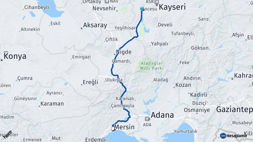 Kayseri İncesu Mersin Arası Kaç Km - Yol Haritası
