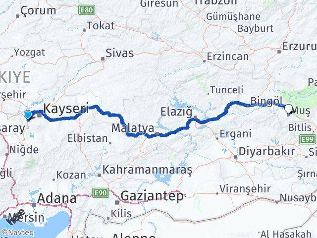 Kayseri İncesu Muş Arası Kaç Km - Yol Haritası