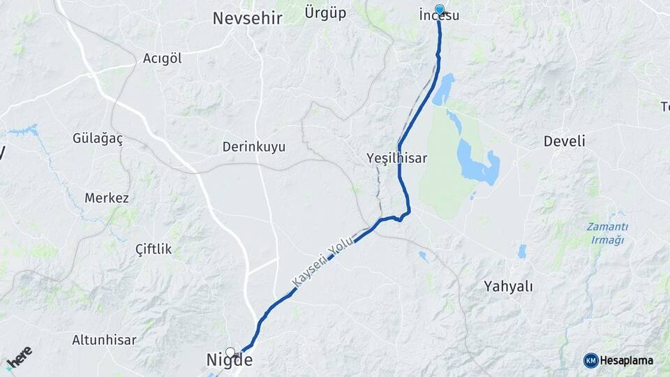 Kayseri İncesu Niğde Arası Kaç Km - Yol Haritası