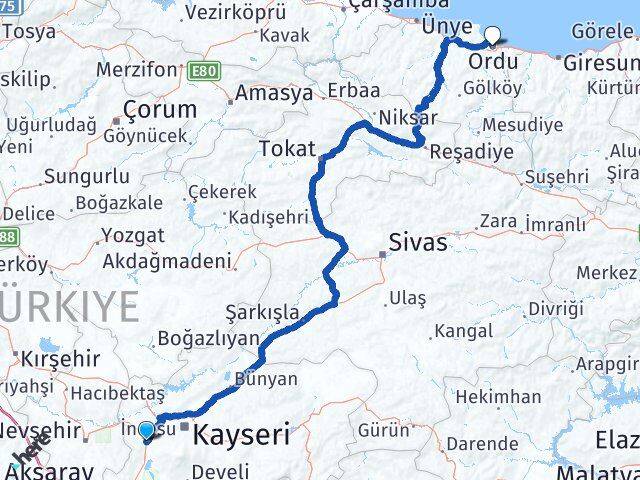 Kayseri İncesu Ordu Arası Kaç Km - Yol Haritası