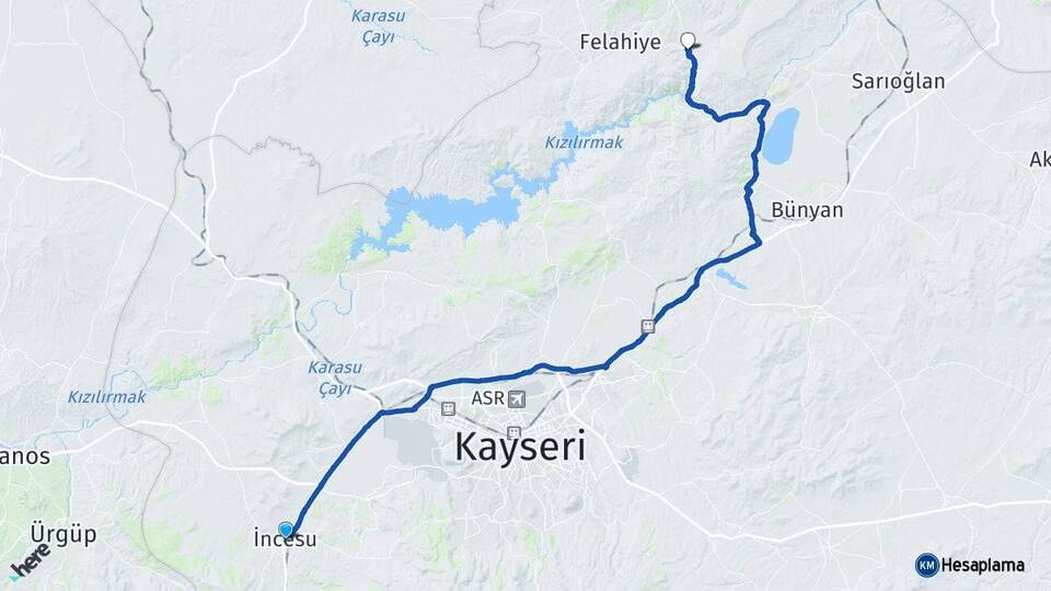 Kayseri İncesu Özvatan Arası Kaç Km - Yol Haritası