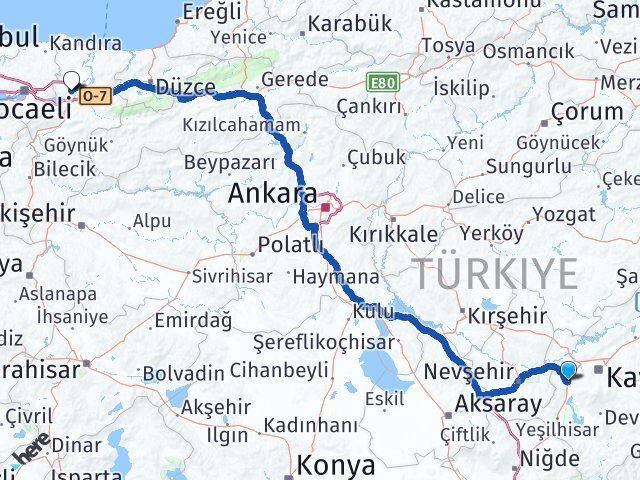 Kayseri İncesu Sakarya Arası Kaç Km - Yol Haritası