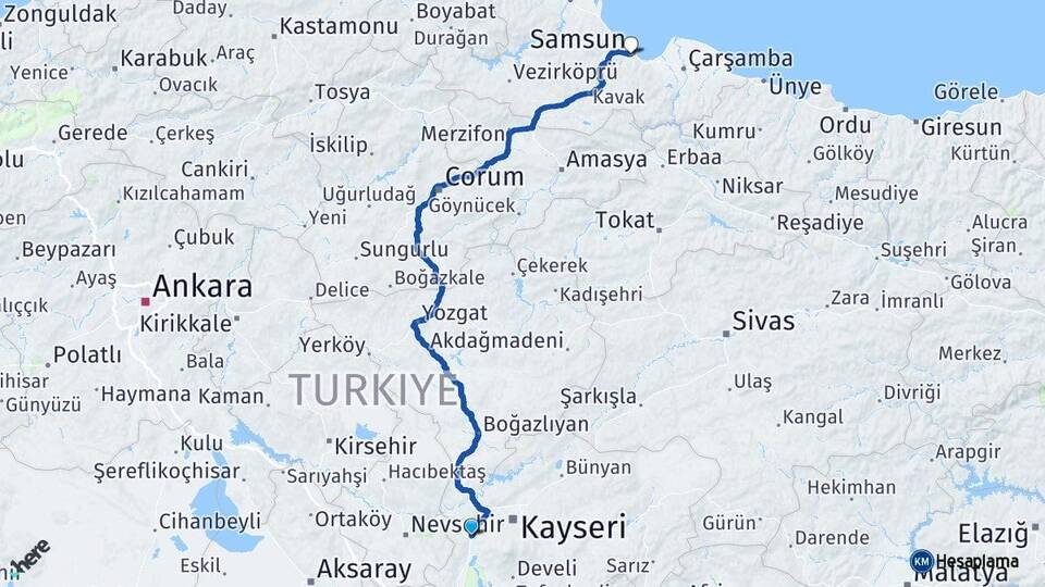 Kayseri İncesu Samsun Arası Kaç Km - Yol Haritası