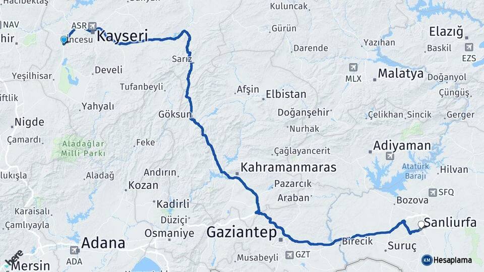 Kayseri İncesu Şanlıurfa Arası Kaç Km - Yol Haritası