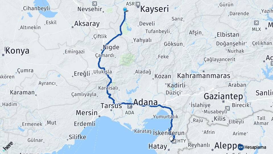 Kayseri İncesu Serinyol Antakya Hatay Arası Kaç Km - Yol Haritası