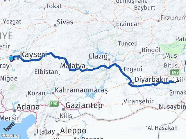 Kayseri İncesu Siirt Arası Kaç Km - Yol Haritası