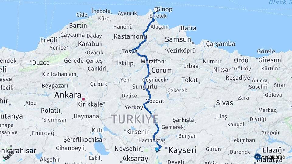 Kayseri İncesu Sinop Arası Kaç Km - Yol Haritası
