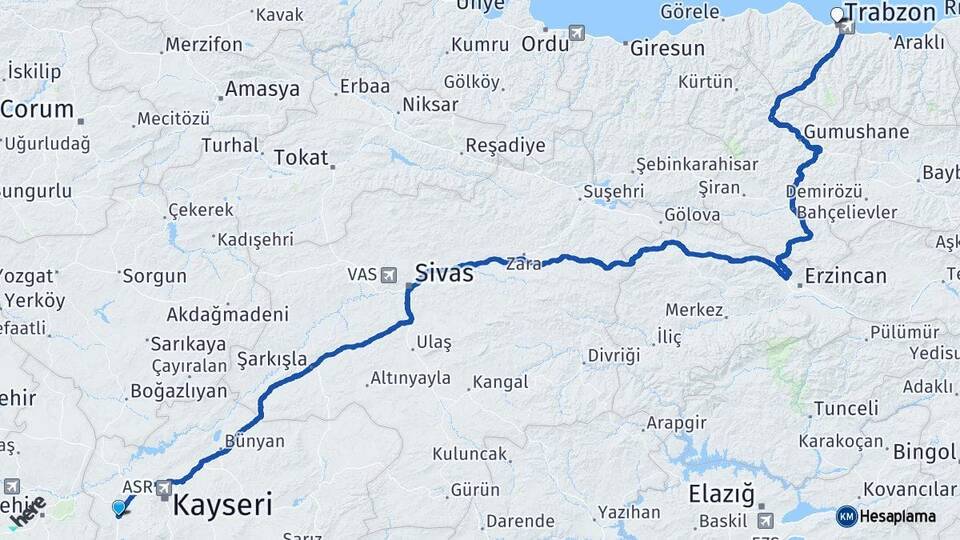 Kayseri İncesu Trabzon Arası Kaç Km - Yol Haritası