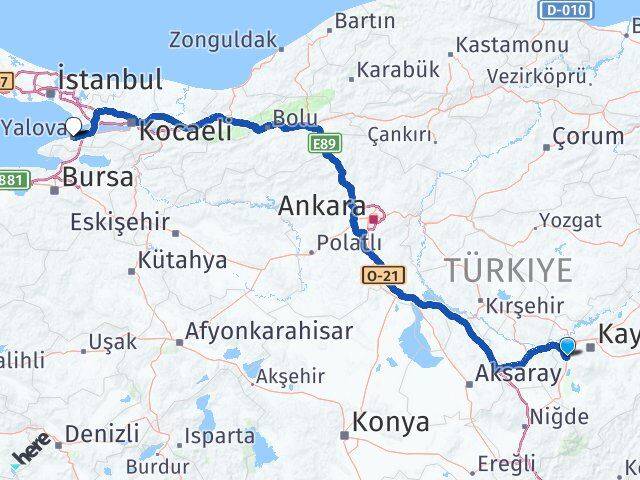 Kayseri İncesu Yalova Arası Kaç Km - Yol Haritası