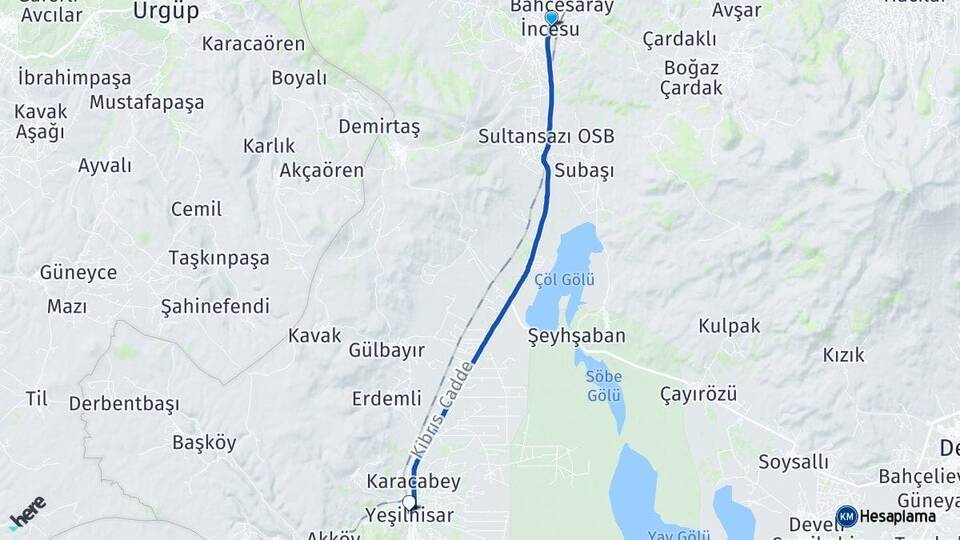 Kayseri İncesu Yeşilhisar Arası Kaç Km - Yol Haritası