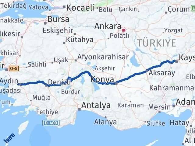 Kayseri İncirliova Aydın Arası Kaç Km - Yol Haritası