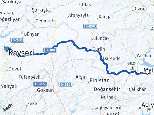 Kayseri İnönü Üniversitesi Arası Kaç Km - Yol Haritası