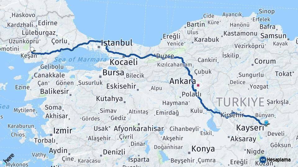 Kayseri İpsala Edirne Arası Kaç Km - Yol Haritası