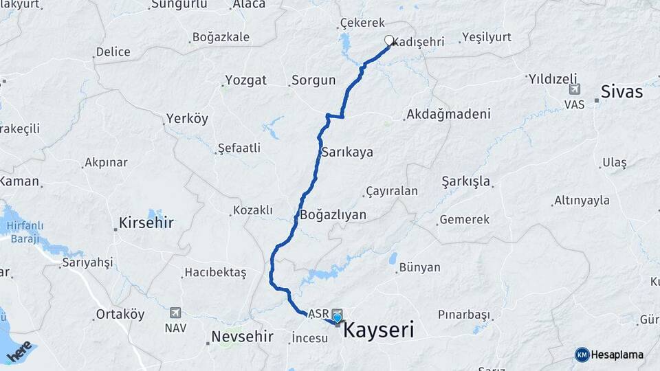 Kayseri Kadışehri Yozgat Arası Kaç Km - Yol Haritası