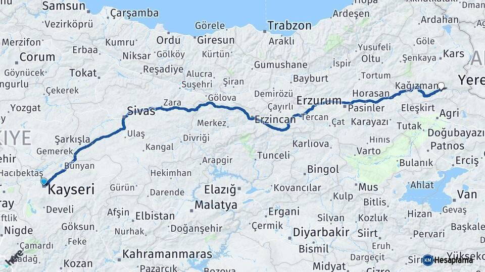 Kayseri Kağızman Kars Arası Kaç Km - Yol Haritası
