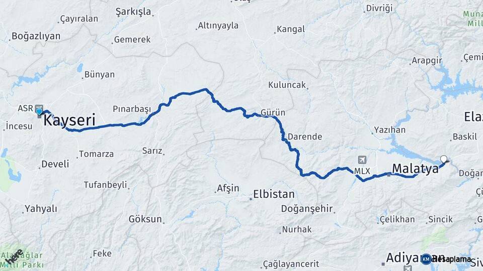 Kayseri Kale Malatya Arası Kaç Km - Yol Haritası