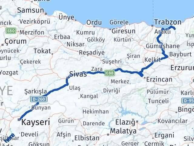 Kayseri Kalkandere Rize Arası Kaç Km - Yol Haritası