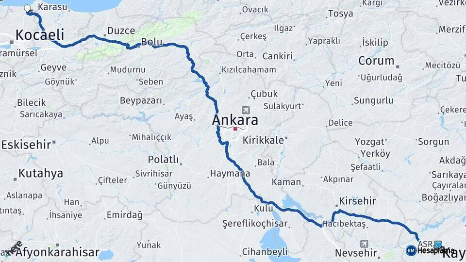 Kayseri Kandıra Kocaeli Arası Kaç Km - Yol Haritası