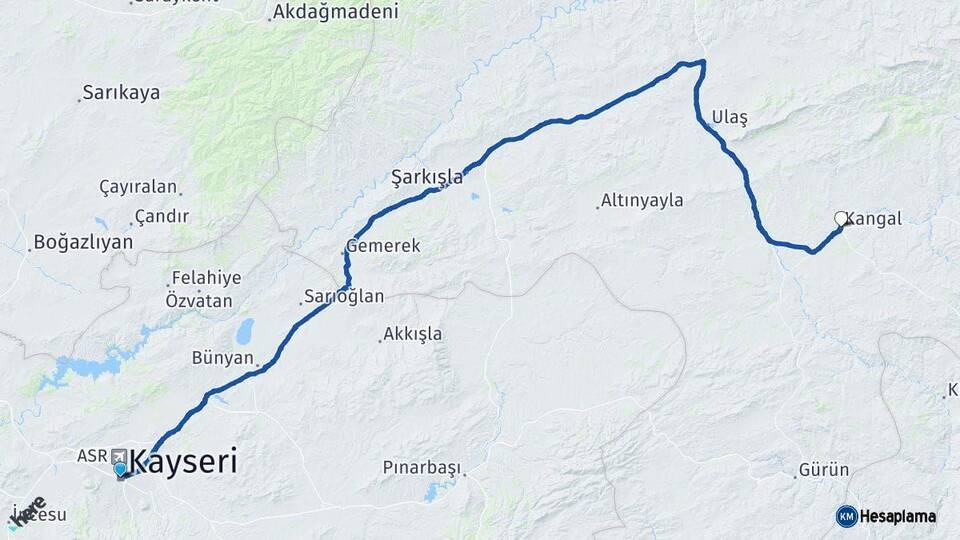 Kayseri Kangal Sivas Arası Kaç Km - Yol Haritası