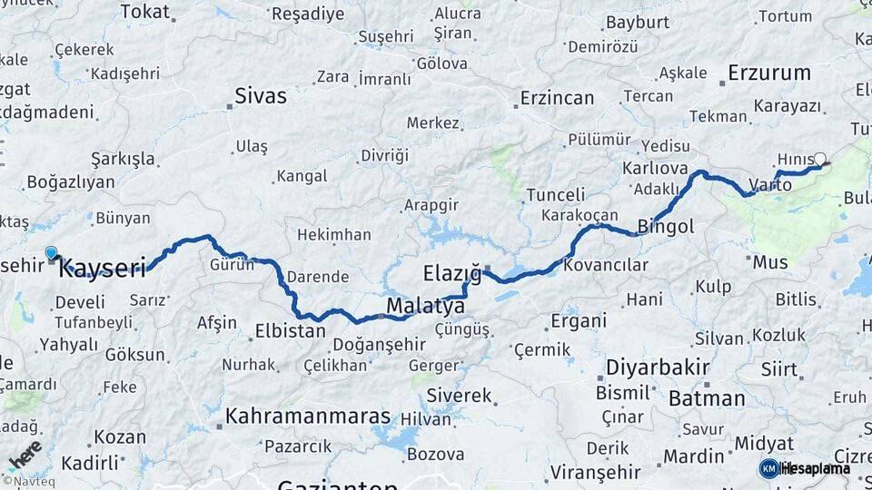 Kayseri Karaçoban Erzurum Arası Kaç Km - Yol Haritası