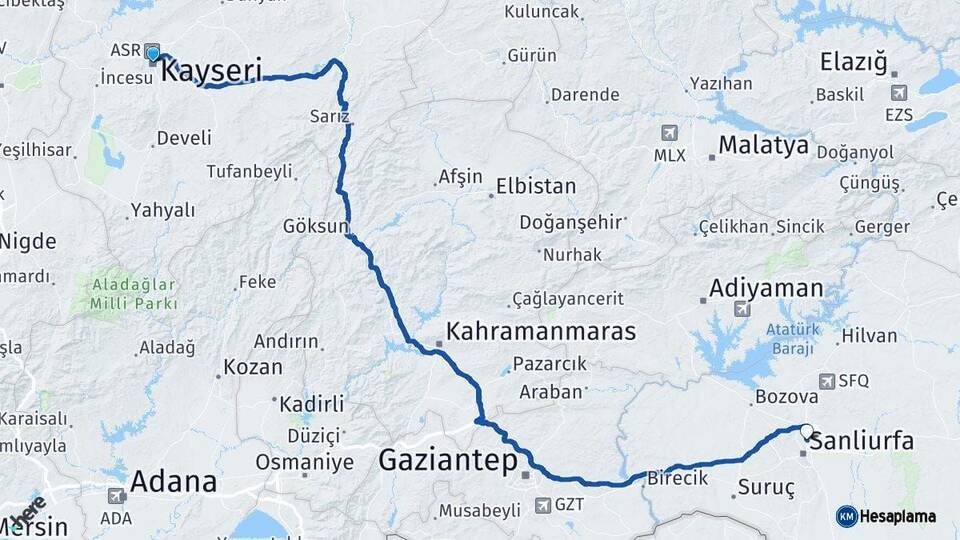 Kayseri Karaköprü Şanlıurfa Arası Kaç Km - Yol Haritası