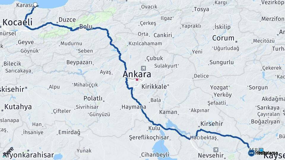 Kayseri Karasu Sakarya Arası Kaç Km - Yol Haritası