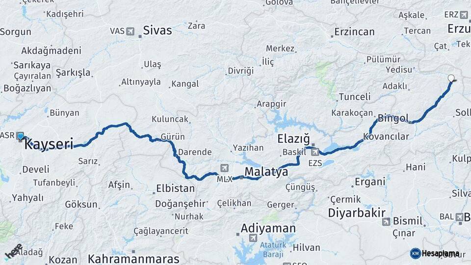 Kayseri Karlıova Bingöl Arası Kaç Km - Yol Haritası