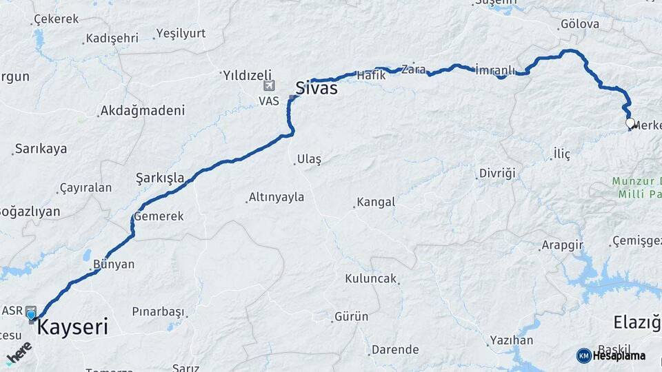 Kayseri Kemah Erzincan Arası Kaç Km - Yol Haritası