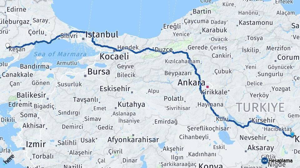 Kayseri Keşan Edirne Arası Kaç Km - Yol Haritası